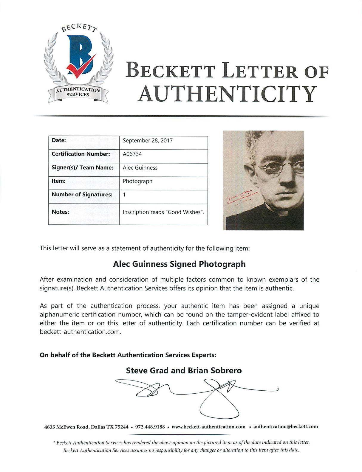 Alec Guinness Father Brown "Good Wishes" Authentic Signed 8X10 Photo BAS #A06734
