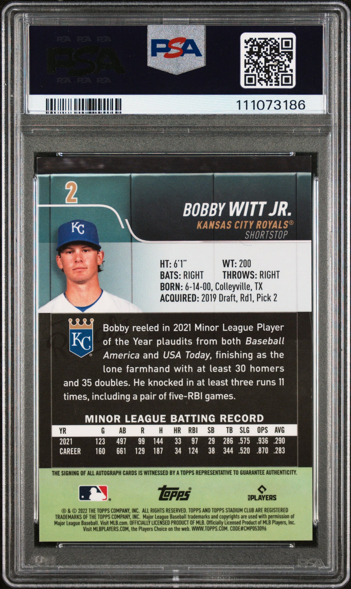 Bobby Witt Jr. Signed 2022 Stadium Club CR #2 RC Card 9 Auto 10! PSA/DNA Slabbed