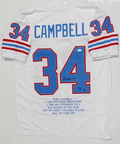 Earl Campbell Autographed White Pro Style Stat-1 Jersey With HOF- JSA W *Black