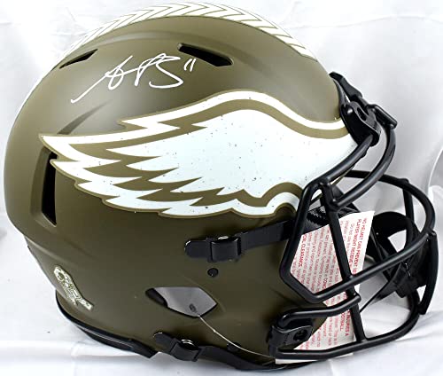 AJ Brown Signed Eagles F/S Salute to Service Speed Authentic Helmet-BAW Holo
