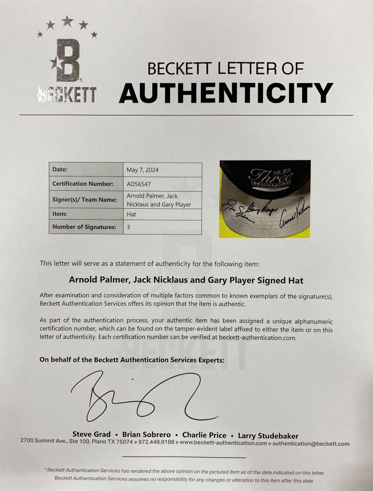Arnold Palmer Jack Nicklaus Gary Player Signed The Big Three Golf Hat BAS LOA - Sports Integrity