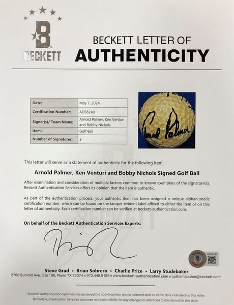 Arnold Palmer Ken Venturi Bobby Nichols Signed Titleist 3 Golf Ball BAS LOA - Sports Integrity