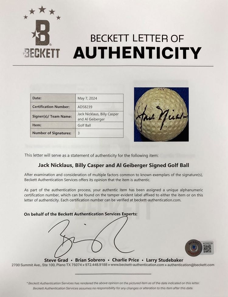 Jack Nicklaus Al Geiberger Billy Casper Signed Golf Ball BAS LOA - Sports Integrity