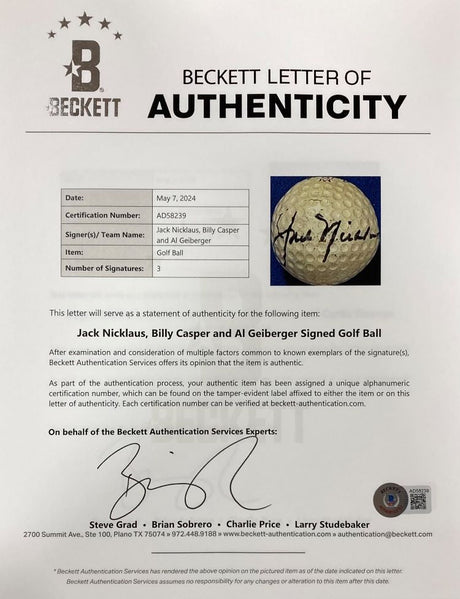 Jack Nicklaus Al Geiberger Billy Casper Signed Golf Ball BAS LOA - Sports Integrity