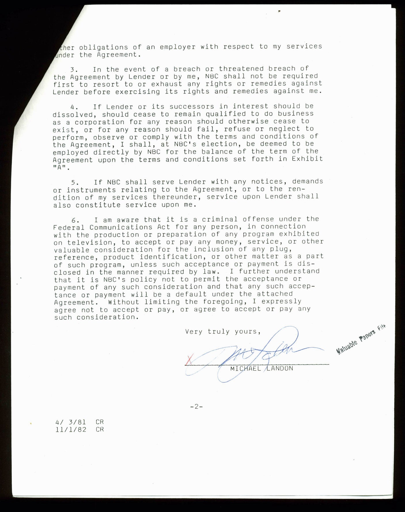 Michael Landon Bonanza Authentic Signed 1982 NBC Contract PSA/DNA #B61343