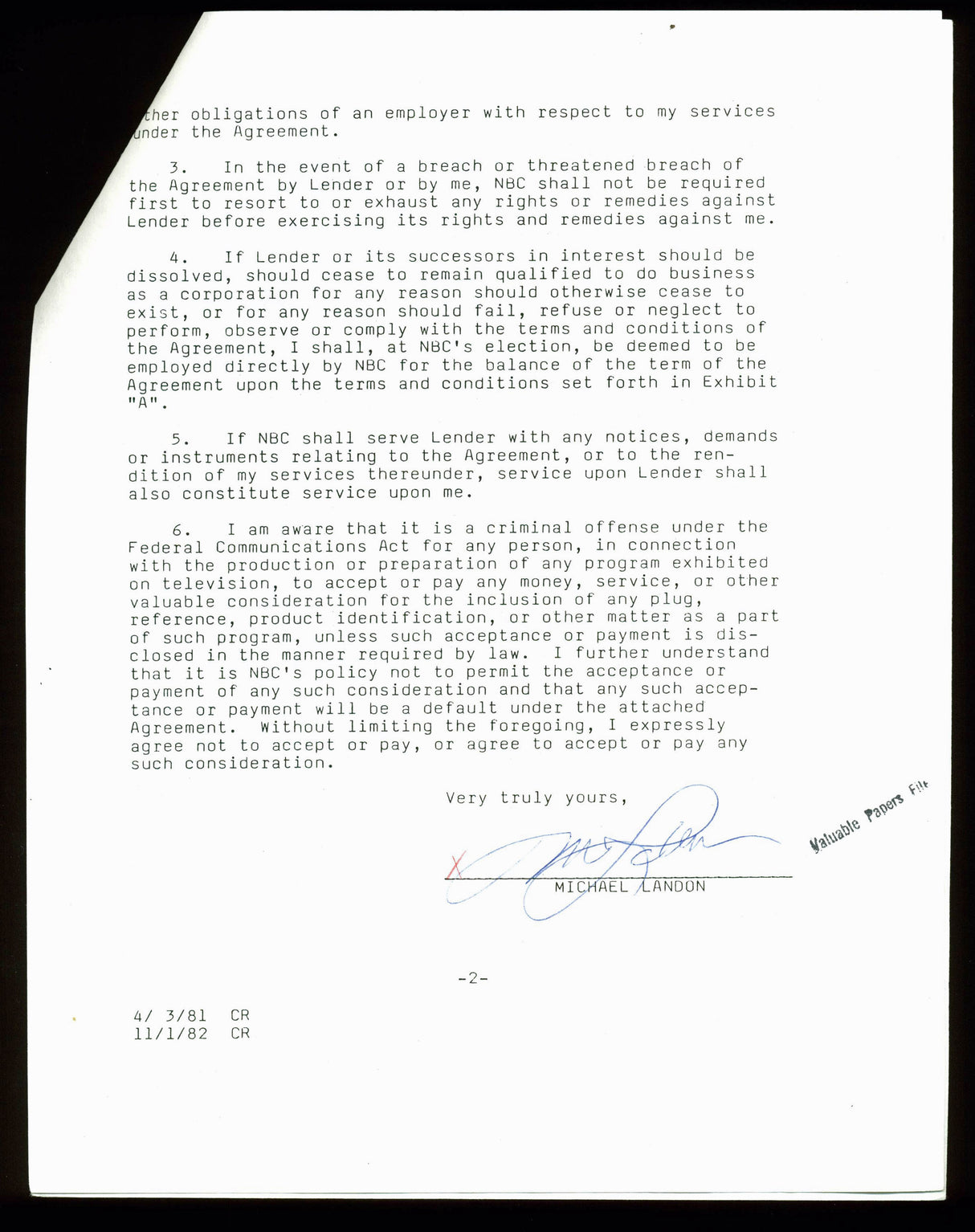 Michael Landon Bonanza Authentic Signed 1982 NBC Contract PSA/DNA #B61343