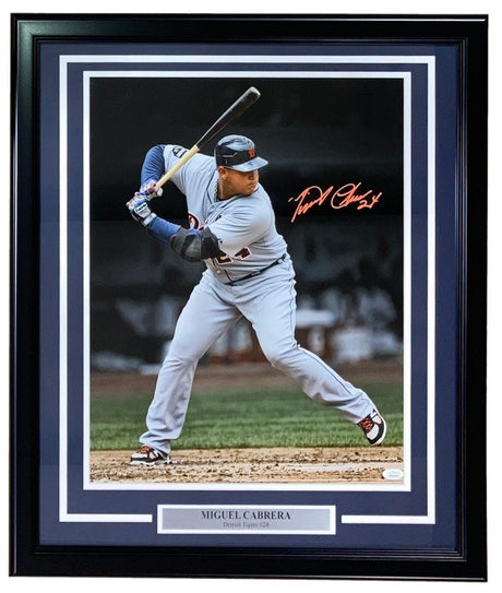 Sports Integrity Miguel Cabrera Signed Framed 16x20 Detroit Tigers Spotlight Photo JSA features a baseball player in a batting stance, autograph in red ink, and a “MIGUEL CABRERA Detroit Tigers 1B” nameplate.