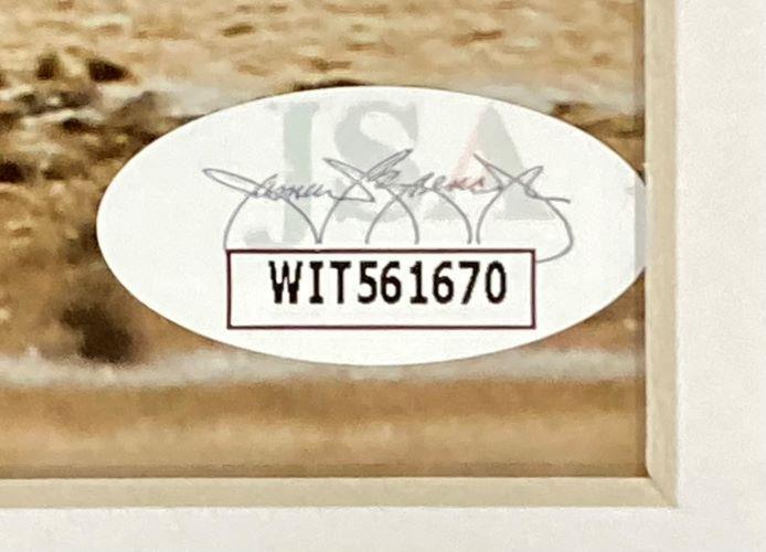 A white oval WIT561670 sticker with overlapping signatures and faint JSA letters is affixed to a Sports Integrity Miguel Cabrera Signed Framed 16x20 Detroit Tigers Spotlight Photo.