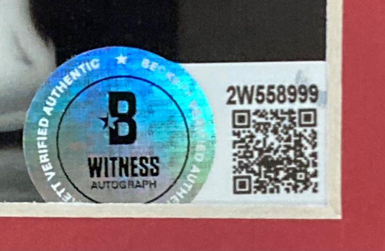 A holographic sticker with a large B, "Witness Autograph," a QR code, and the code 2W558999, appears on this Sports Integrity Allen Iverson Signed Framed 8x10 Philadelphia 76ers Step Over Lue Photo BAS ITP.