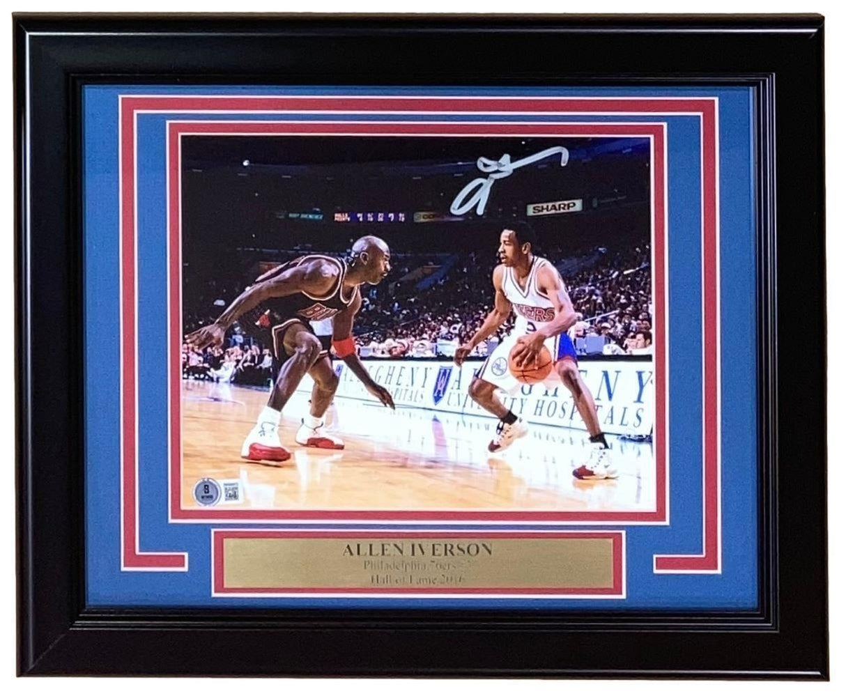 Sports Integrity Allen Iverson Signed Framed 8x10 Philadelphia 76ers Photo vs Michael Jordan (BAS), featuring a blue and red mat plus a plaque stating: Allen Iverson Philadelphia 76ers Hall of Fame 2016.