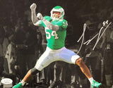 A dynamic image of Jeremiah Trotter Jr in a green #54 Eagles jersey, jumping with bent arms and raised fists, is autographed on the right. Sports Integrity 8x10 spotlight photo, JSA authenticated.