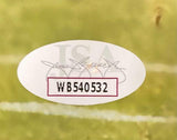 Sports Integrity’s Jeremiah Trotter Jr Signed 11x14 Philadelphia Eagles Photo includes an oval authentication sticker with code WB540532 and a printed signature on a green and white sports field background.