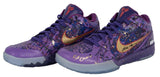 A pair of Sports Integrity Kobe Bryant Lakers Signed Nike Zoom Kobe IV Prelude Shoes with purple and gold accents, vibrant paint splatter, purple laces, Kobe logos on the tongues, and both autographed in black and gold marker.