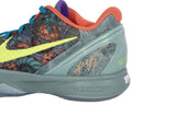 A close-up of the heel of the Kobe Bryant Lakers Signed Nike Zoom Kobe VI Prelude Shoes by Sports Integrity, featuring a green sole, yellow swoosh, patterned upper, teal laces, orange lining, and Kobe's signature on the heel.