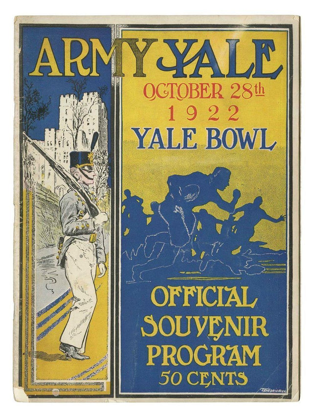 The Army vs Yale October 28, 1922 Official Game Program by Sports Integrity features vintage art with a soldier, gothic building, and football players; it was the official souvenir program for that historic game at the Yale Bowl.
