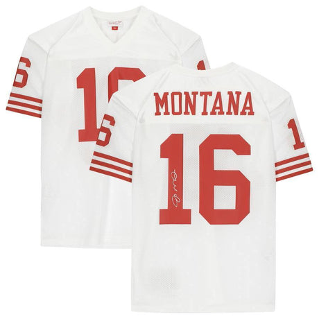 Two white San Francisco 49ers Authentic jerseys by Sports Integrity feature red stripes and number 16; one has "Montana" and his signature on the back. Product: Joe Montana Signed White M&N Jersey Fanatics.