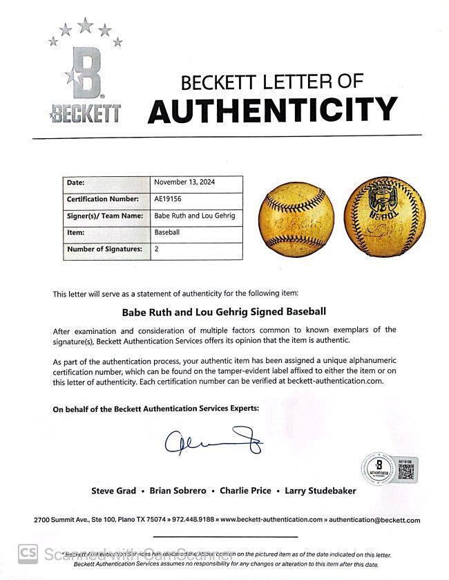 Babe Ruth Lou Gehrig Yankees Signed Suburban League Baseball PSA+BAS LOA