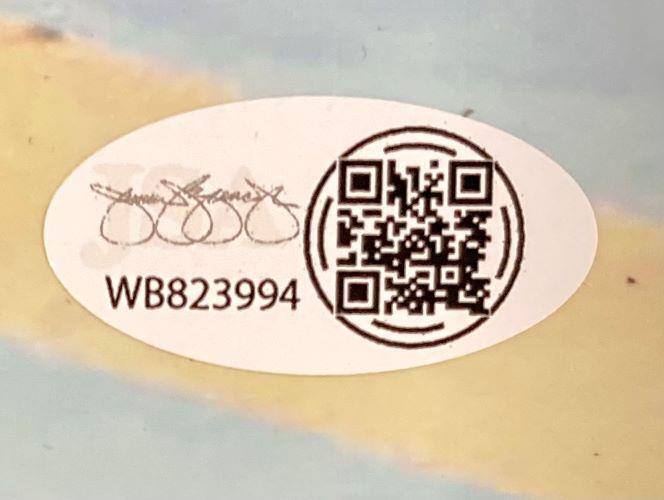 A Bo Nickal Signed 8x10 UFC Choke Photo from Sports Integrity features an oval white sticker with a black QR code, printed signature, and alphanumeric code WB823994 on a blurred multicolored background.