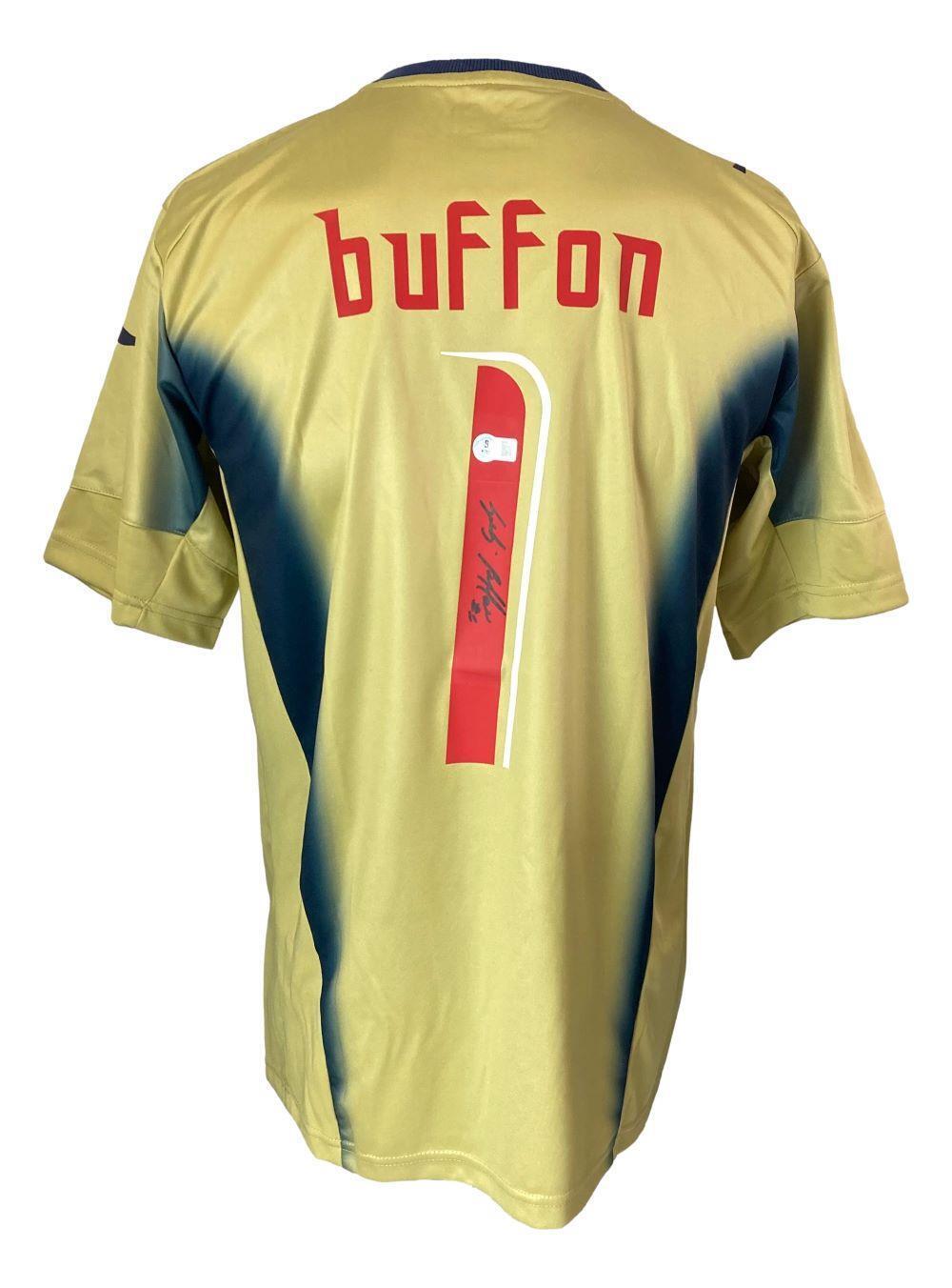 The Sports Integrity Gianluigi Buffon Signed Italy Puma Gold Soccer Jersey features dark blue accents, Buffon's name, and the number 1 in red with his signature on the back.