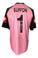The Sports Integrity Gianluigi Buffon Signed Juventus Lotto Pink Soccer Jersey BAS features BUFFON and number 1 on the back with his signature below, plus red and white sleeve patches.