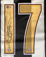 The David Trezeguet Signed Juventus Nike Soccer Jersey BAS by Sports Integrity features black and white stripes, a bold yellow number 17, two Juventus logos, and Trezeguet's autograph beside the number.