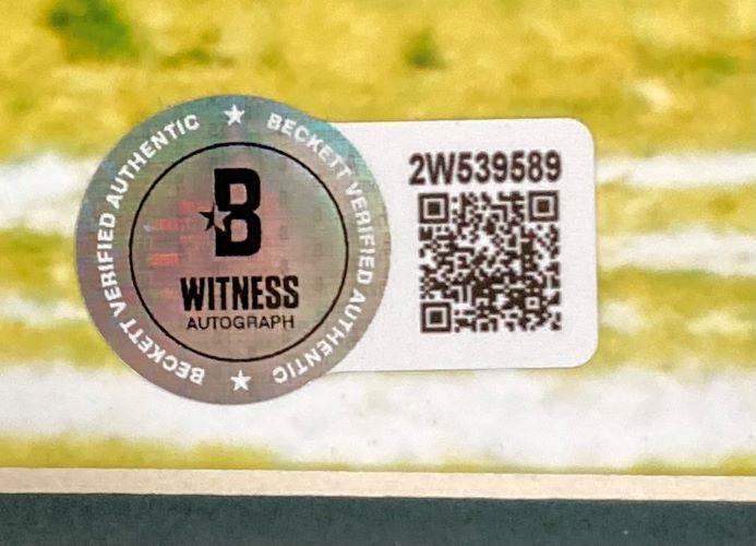 The Saquon Barkley Signed Framed 16x20 Philadelphia Eagles Photo by Sports Integrity features a Beckett Witness holographic sticker with "Beckett Verified Authentic," a QR code, and number 2W539589 on a yellow and green background.