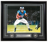 The Sports Integrity Saquon Barkley Signed Framed 16x20 Philadelphia Eagles Photo (BAS ITP) features Barkley running with a football, complete with two commemorative coins and a nameplate below the image.