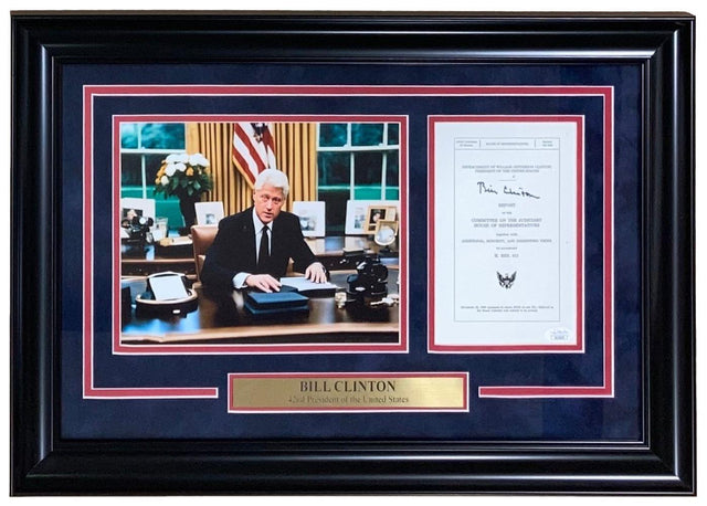 The Sports Integrity Bill Clinton Signed Framed Impeachment Letter Monica Lewinsky JSA features a display with a photo, signed letter, and a plaque: “BILL CLINTON, 42nd President of the United States.”.