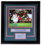 Sports Integrity’s Cristiano Ronaldo Framed 8x10 Portugal Soccer Photo features a laser-engraved signature and nameplate displayed below the image in an elegant, ready-to-hang frame.