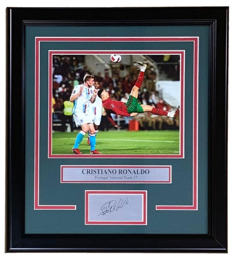 Sports Integrity’s Cristiano Ronaldo Framed 8x10 Portugal Soccer Photo features a laser-engraved signature and nameplate displayed below the image in an elegant, ready-to-hang frame.