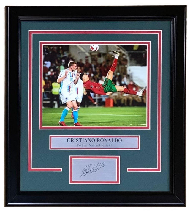 Sports Integrity’s Cristiano Ronaldo Framed 8x10 Portugal Soccer Photo features a laser-engraved signature and nameplate displayed below the image in an elegant, ready-to-hang frame.
