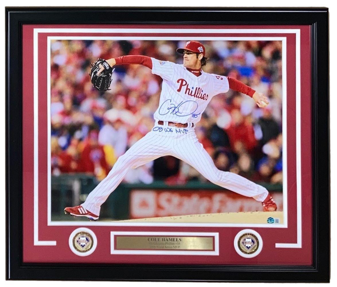 Sports Integrity Cole Hamels Signed Framed 16x20 Phillies Photo, inscribed "08 WS MVP," includes commemorative coins and a nameplate, featuring Hamels pitching in his white uniform and red cap. BAS ITP authenticated.