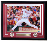 Sports Integrity Cole Hamels Signed Framed 16x20 Phillies Photo, inscribed "08 WS MVP," includes commemorative coins and a nameplate, featuring Hamels pitching in his white uniform and red cap. BAS ITP authenticated.