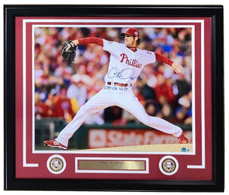 Sports Integrity Cole Hamels Signed Framed 16x20 Phillies Photo, inscribed "08 WS MVP," includes commemorative coins and a nameplate, featuring Hamels pitching in his white uniform and red cap. BAS ITP authenticated.