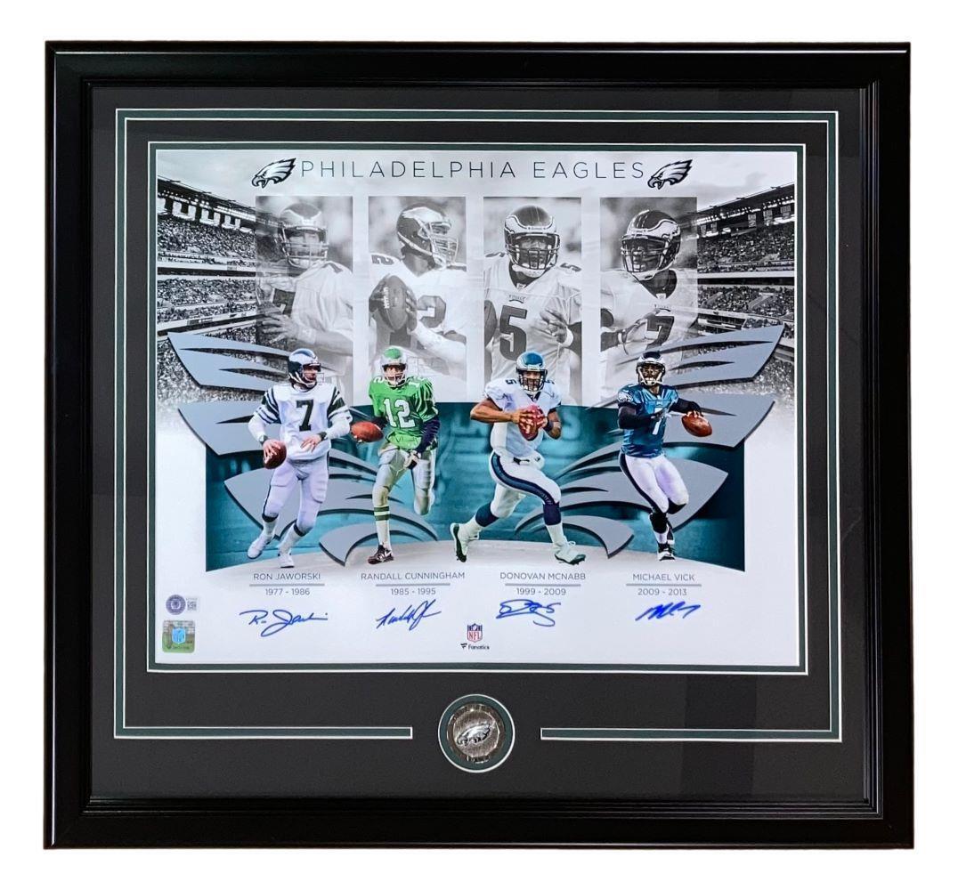 Vick McNabb Jaworski Cunningham Signed 16x20 Eagles QB Legends Collage Photo BAS
