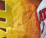 A close-up of the Sports Integrity Dwyane Wade Signed Framed 29x56 Heat Breaking Through Collage shows his bold autograph, "44/100," part of his #3 white and red jersey, and a UDA hologram certification sticker.