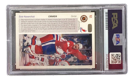 A Dale Hawerchuk Signed 1991 Upper Deck #12 Buffalo Sabres Hockey Card by Sports Integrity, encased in a PSA holder with visible label and QR code.
