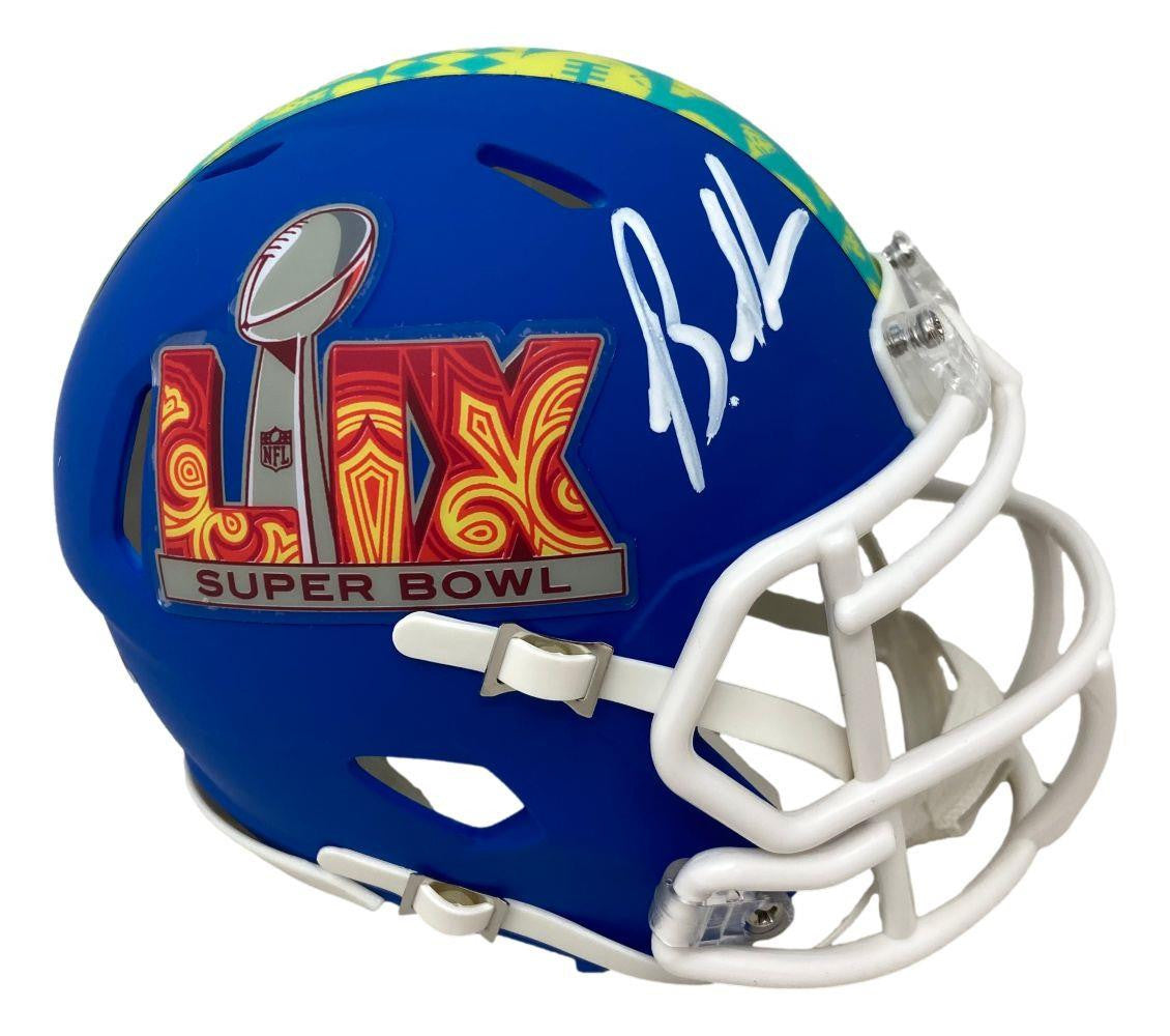 The Sports Integrity Brandon Graham Signed Philadelphia Eagles Super Bowl LIX Mini Speed Helmet features a blue shell, white facemask, vibrant SB LIX logo, and a bold autograph on the side.
