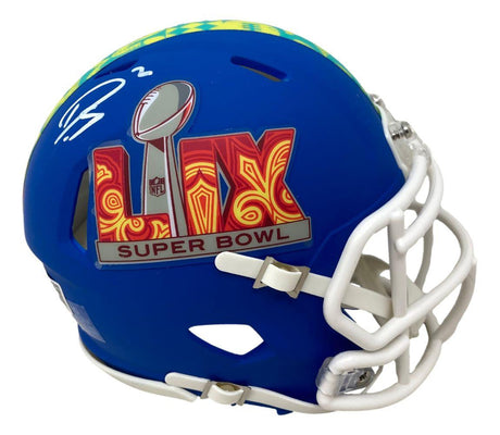 The Sports Integrity Darius Slay Signed Eagles Super Bowl LIX Mini Speed Helmet features a white facemask, the Super Bowl logo, and Darius Slay's white signature on the left side.