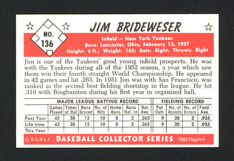 Jim Brideweser Autographed 1983 CCC 1953 Bowman Reprint Card #136 New York Yankees SKU #166285