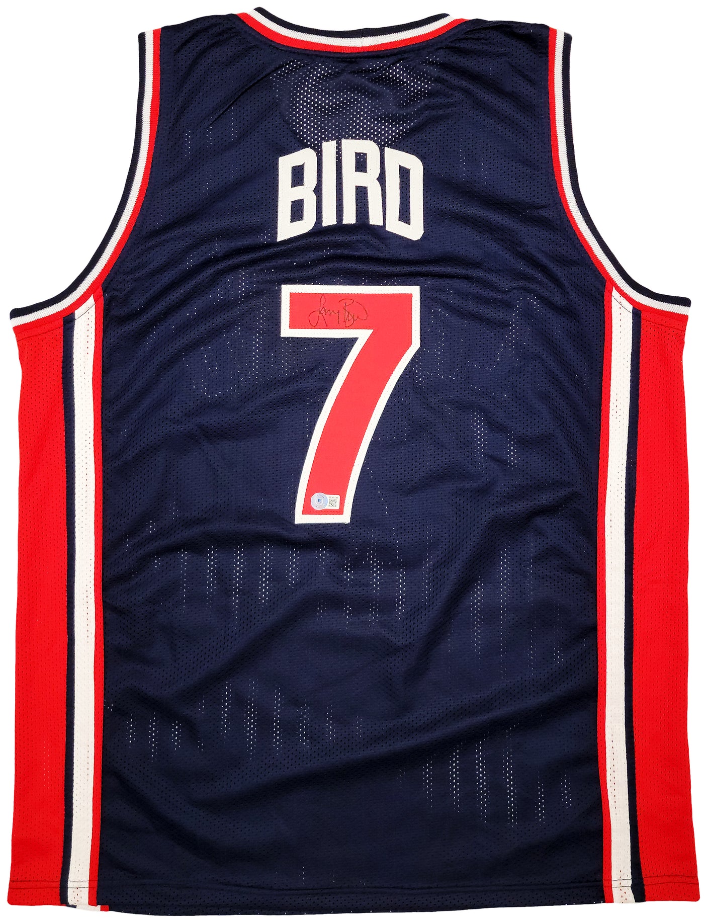 Team USA Larry Bird Autographed Navy Blue Jersey Dream Team Beckett BAS Stock #203450