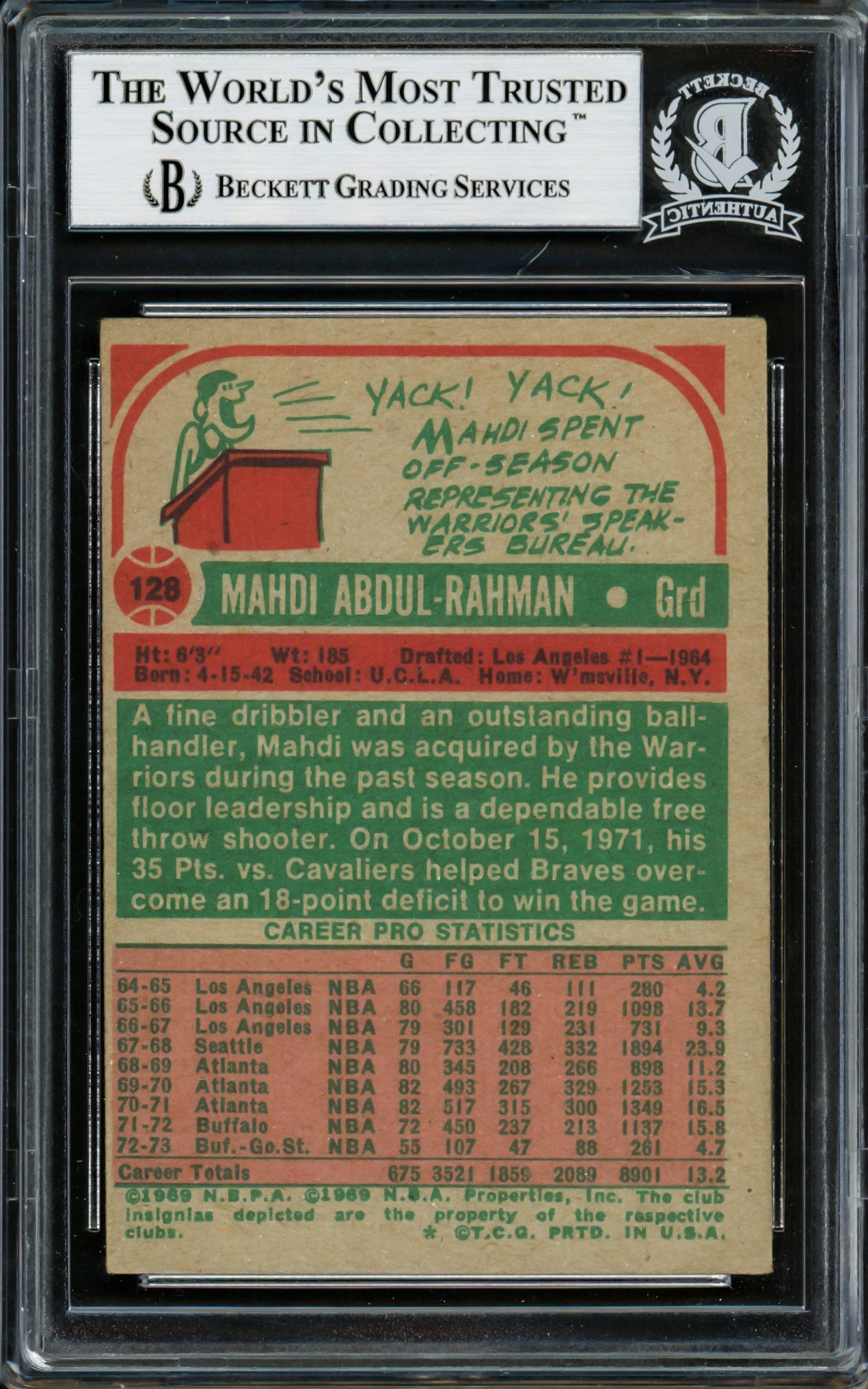 Mahdi Abdul Rahman Autographed 1973-74 Topps Card #128 Seattle Supersonics Beckett BAS #14131913