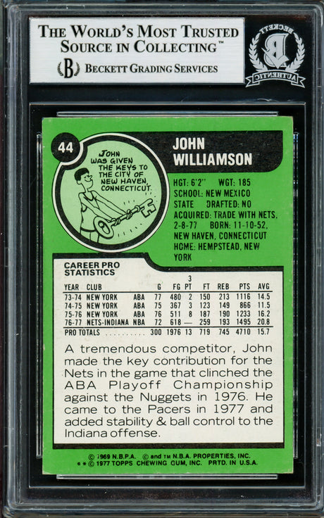 John Williamson Autographed 1977-78 Topps Card #44 Indiana Pacers Beckett BAS #14131932