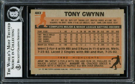 Tony Gwynn Autographed 1983 Topps Rookie Card #482 San Diego Padres Beckett BAS #14131992