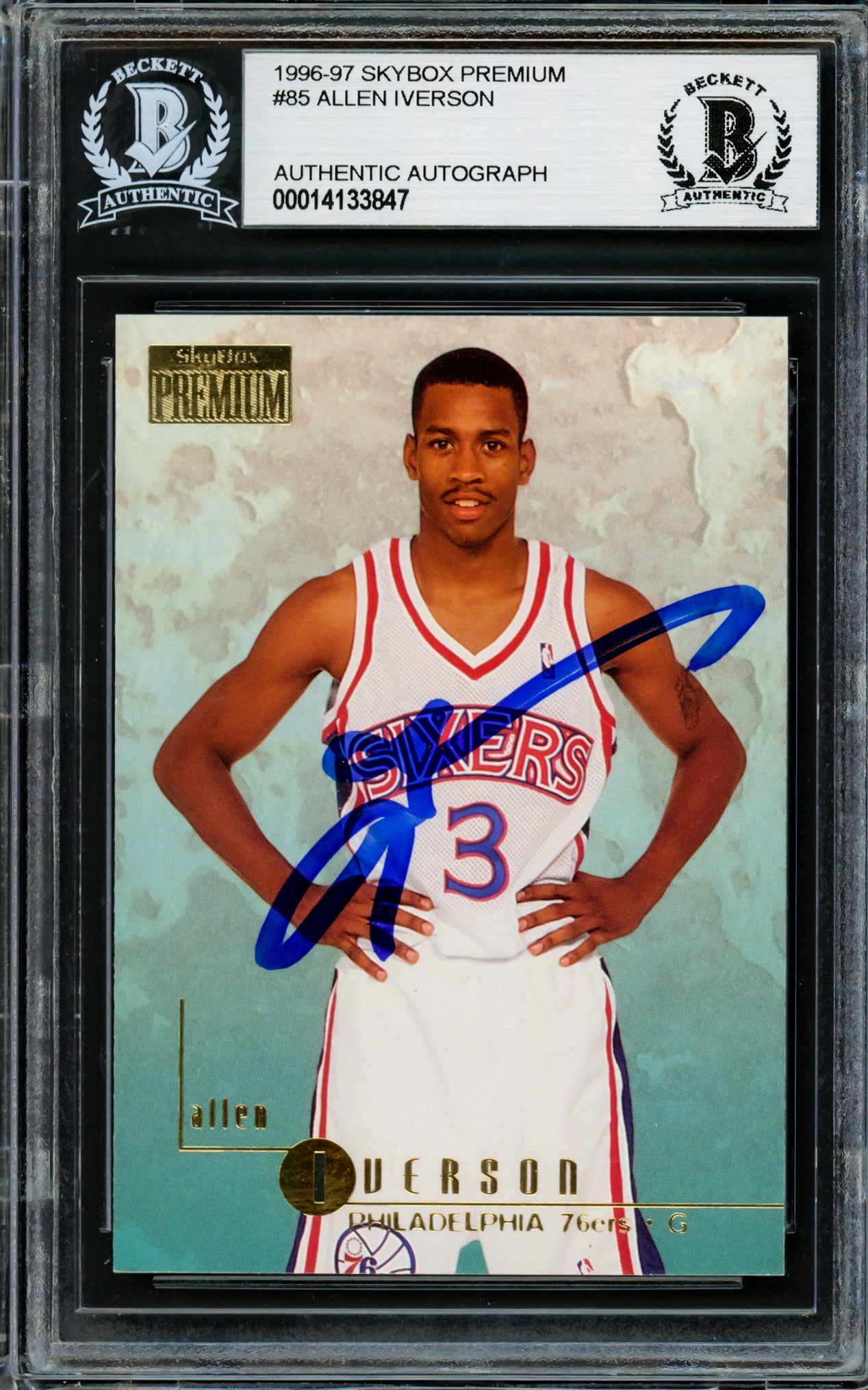 Allen Iverson Autographed 1996-97 Skybox Premium Rookie Card #85 Philadelphia 76ers Beckett BAS Stock #203710