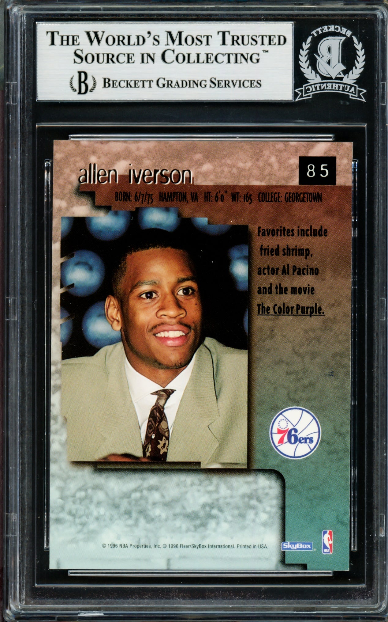 Allen Iverson Autographed 1996-97 Skybox Premium Rookie Card #85 Philadelphia 76ers Beckett BAS Stock #203710