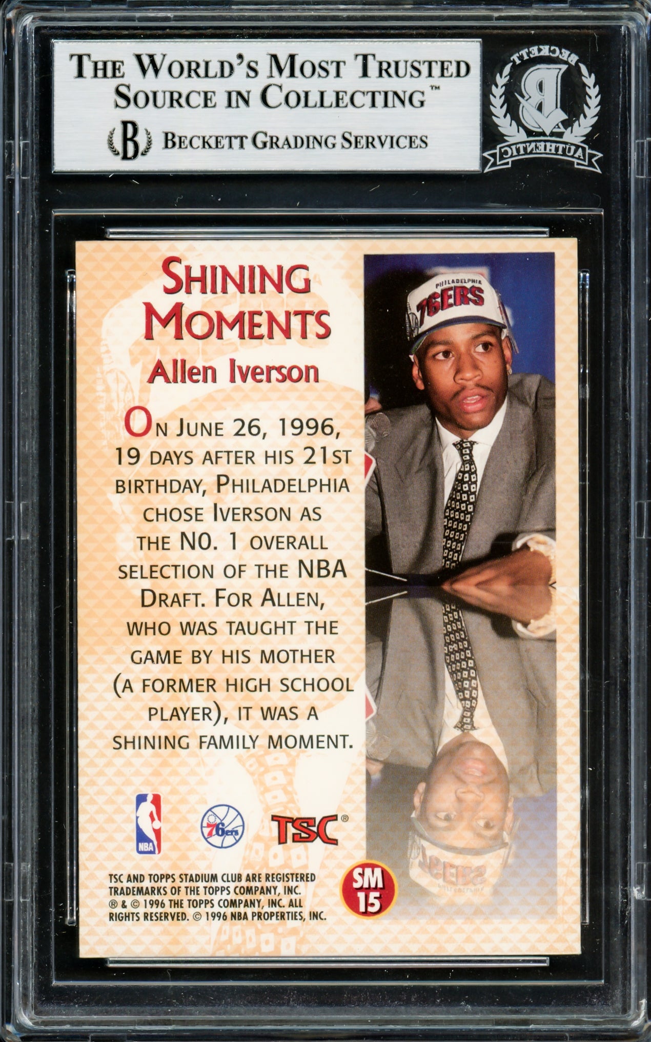 Allen Iverson Autographed 1996-97 Stadium Club Shining Moments Rookie Card #SM15 Philadelphia 76ers Beckett BAS #14133859