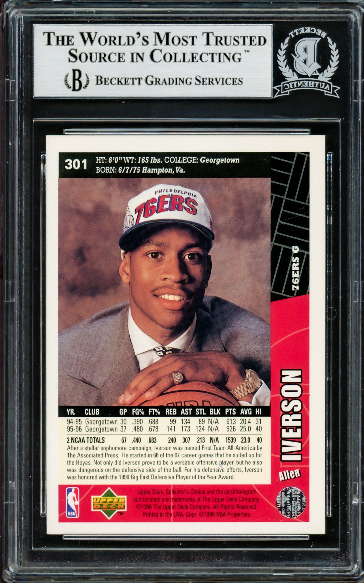 Allen Iverson Autographed 1996-97 Upper Deck Collector's Choice Rookie Card #301 Philadelphia 76ers Beckett BAS Stock #203716