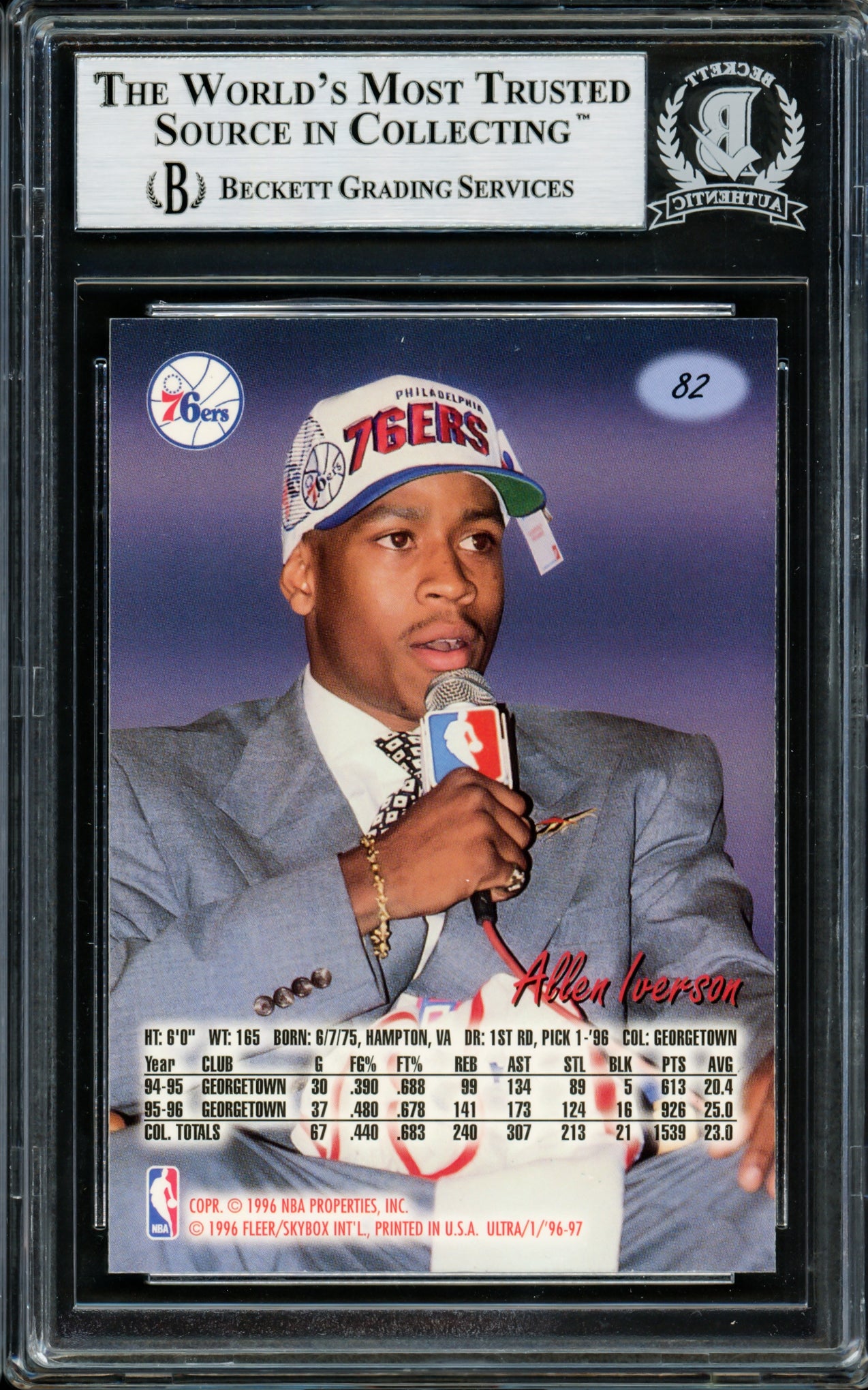 Allen Iverson Autographed 1996-97 Fleer Ultra Rookie Card #82 Philadelphia 76ers Beckett BAS Stock #203717