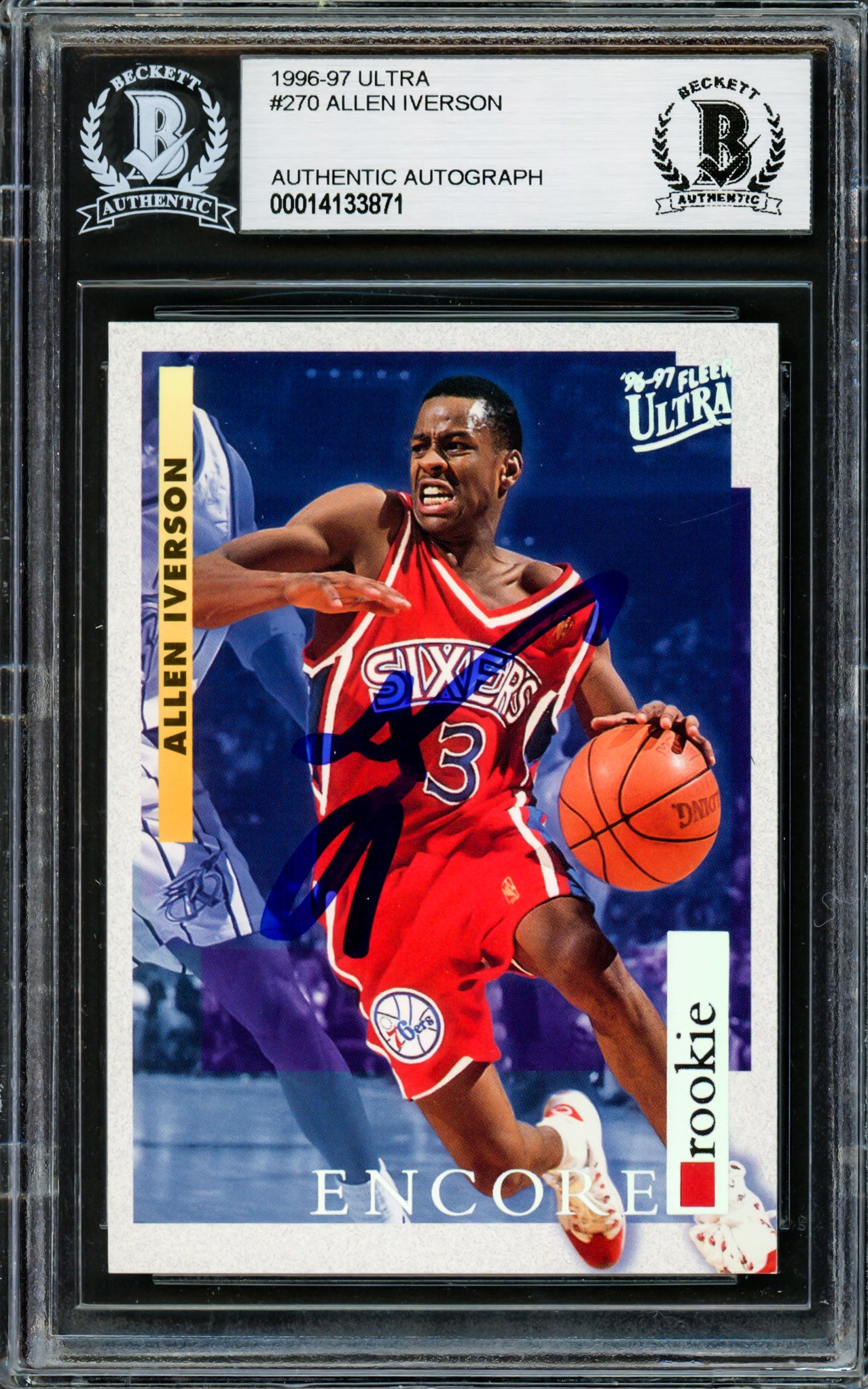 Allen Iverson Autographed 1996-97 Fleer Ultra Rookie Card #270 Philadelphia 76ers Beckett BAS #14133871